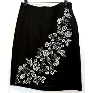 Larry‎ Levine Floral Embroidered Linen Skirt Size 8 Office Siren Feminine Career